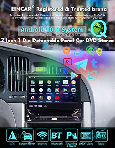 Ein Car Radio Android 10 Single Din Stereo Bluetooth 7in Flip Out Touch Screen 1080P Detachable Player