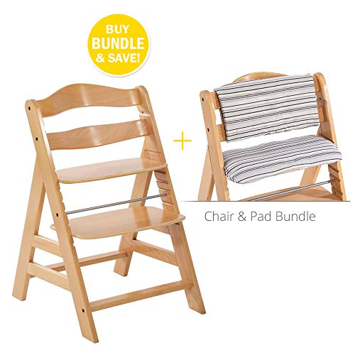 Hauck Alpha Wooden Height Adjustable Chair Bundle w/Seatpad, Natural Wood, Modern Design & Comfortable Feeding Chair. Compatible with Hauck Alpha Bouncer