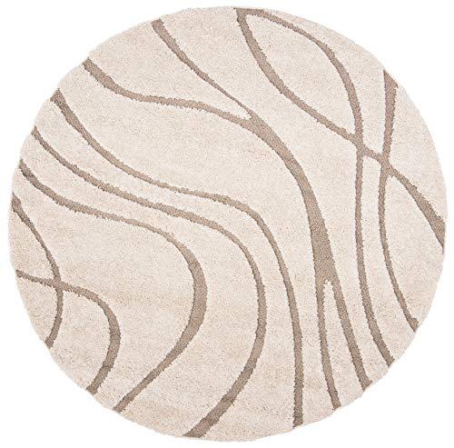 SAFAVIEH Florida Shag Collection SG471 Abstract Wave Non-Shedding Living Room Bedroom Dining Room Entryway Plush 1.2-inch Thick Area Rug, 6'7" x 6'7" Round, Cream / Beige