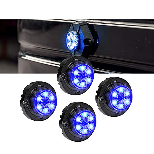 LAMPHUS 4pc SnakeEye III Blue LED Hideaway Strobe Light [SAE Class 1] [IP67 Waterproof] [72 Flash Modes] [Multi Units Sync-able] [Steady Override] Blue Emergency Strobe Police Lights for Vehicles
