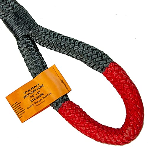 VULCAN Off-Road Recovery Rope - 7/8 Inch x 30 Foot - Red Eyes - 28,600 Pound Breaking Strength - Includes Vented Storage Bag