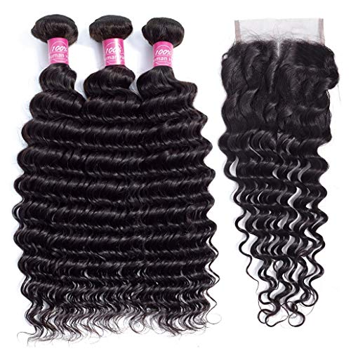 10A Brazilian Deep Wave Human Hair 3 Bundles with Closure (22 24 26 with 20 Closure) Unprocessed Deep Wave Hair Weave Bundles with Lace Closure Middle Part Human Hair Bundles and Closure Natural Color