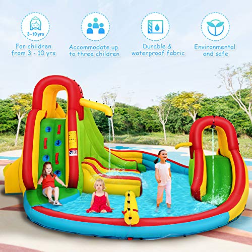 Costzon Inflatable Bounce House 7 in 1 Mighty Pool Slide Kids Bouncer with Climbing Wall, Basketball Rim, Splash Pool, Water Cannon