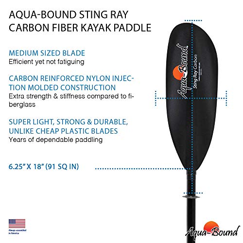 AQUA BOUND Sting Ray Carbon 2-Piece Kayak Paddle, Black CR Blade/Carbon Snap Button Shaft, 250 cm