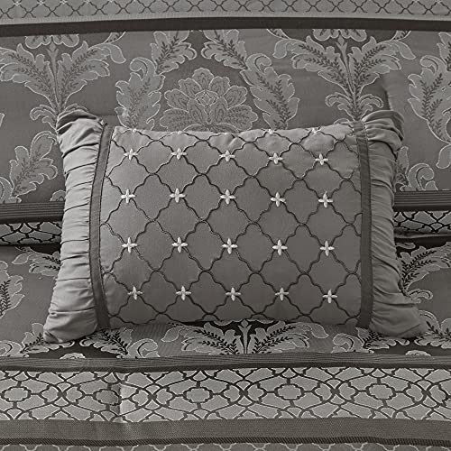 Madison Park Cozy Comforter Set-Luxurious Jaquard Traditional Damask Design All Season Down Alternative Bedding with Matching Shams, Decorative Pillow, California King (104 in x 92 in), Grey 7 Piece