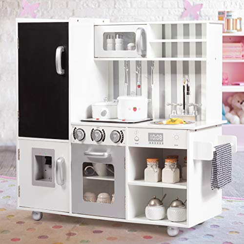 Costzon Wooden Kids Kitchen Playset with Simulated Sound (White Fridge Kitchen)