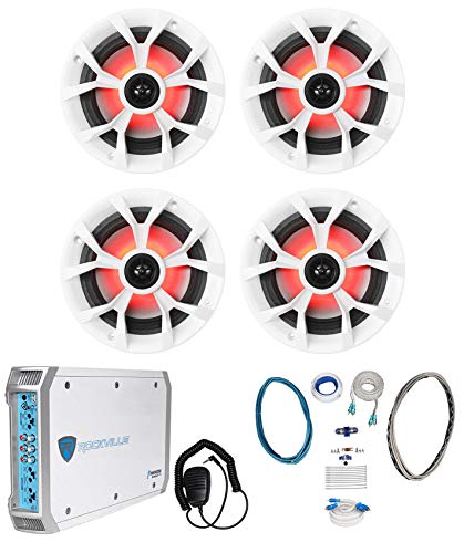 (4) Rockville RKL65MBW 6.5" 700 Watt Marine Boat LED Speakers+Amplifier+Amp Kit