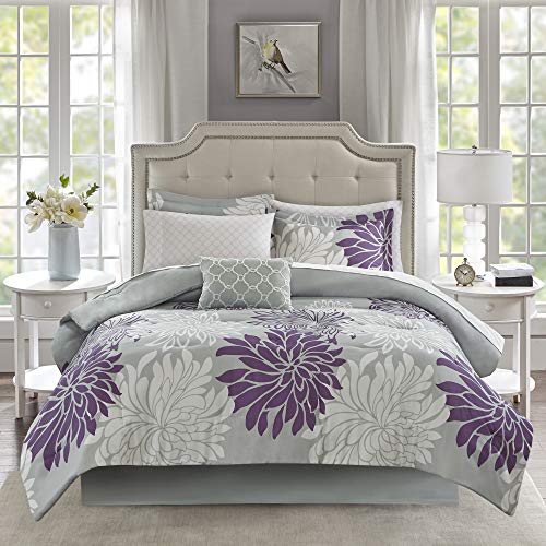 Madison Park Essentials Marible 9 Piece Complete Comforter Cotton Sheet Bedding Set, Queen, Purple