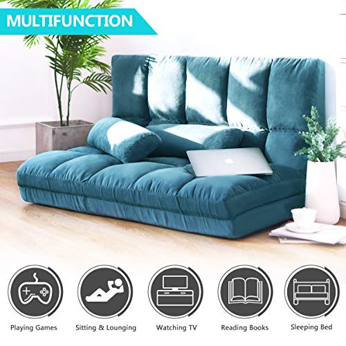 Adjustable Floor Couch and Sofa for Living Room and Bedroom, Foldable 5 Reclining Position with 2 Pillows, Love seat, Blue