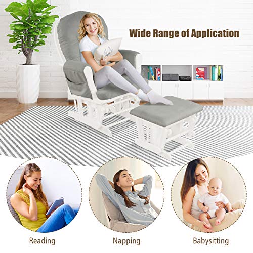 Costzon Baby Glider and Ottoman Cushion Set, Wood Baby Rocker Nursery Furniture, Upholstered Comfort Nursery Chair & Ottoman with Padded Arms (Light Gray)