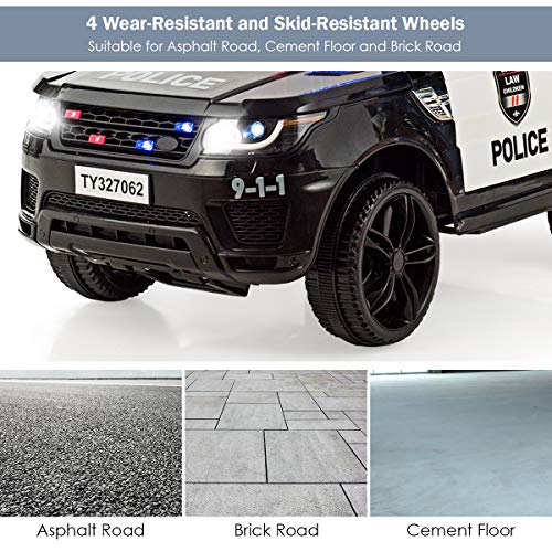 Costzon Kids Ride on Car Electric Police Truck Remote Control Siren, LED Headlights, Microphone Double Open Doors Black