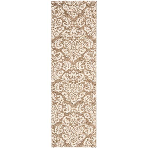 SAFAVIEH Florida Shag Collection SG460 Damask Non-Shedding Living Room Bedroom Dining Room Entryway Plush 1.2-inch Thick Runner, 2'3" x 15' , Beige / Cream