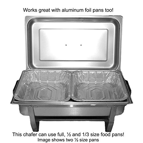 TigerChef 8 Quart Full Size Stainless Steel Chafer with Folding Frame and Cool-Touch Handle and 2 Half Size Chafing Dishes Food Pans 3 Pack