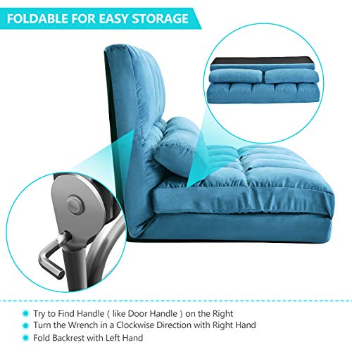 Adjustable Floor Couch and Sofa for Living Room and Bedroom, Foldable 5 Reclining Position with 2 Pillows, Love seat, Blue