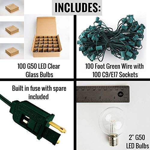 LED Warm White Outdoor Patio String Lights (100 Foot, Green Wire - 1.6 Inch .6 Watt Bulbs)