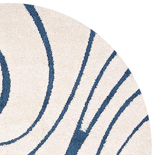 SAFAVIEH Florida Shag Collection SG471 Abstract Wave Non-Shedding Living Room Bedroom Dining Room Entryway Plush 1.2-inch Thick Area Rug, 6'7" x 6'7" Round, Cream / Blue