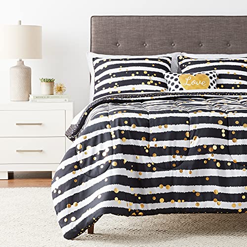Latitude Gold Glitter Stripe Bed in A Bag, Queen, White/Black