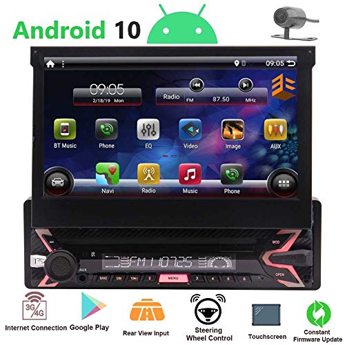 Ein Car Radio Android 10 Single Din Stereo Bluetooth 7in Flip Out Touch Screen 1080P Detachable Player