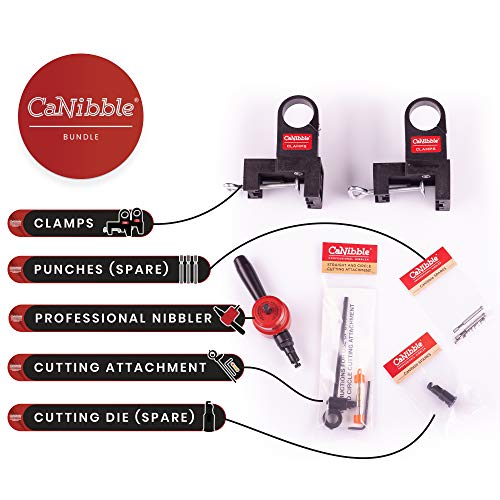 CaNibble Bundle - Nibbler, 2 Bench Mounting Clamps, 3 Punches, 1 Die & FREE Circle Cutting Attachment. Australian Made