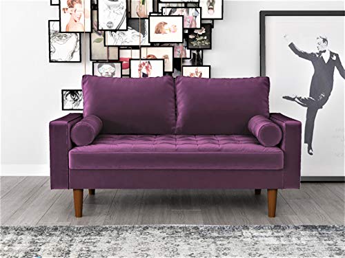 Container Furniture Direct S5458 Mid Century Modern Velvet Upholstered Tufted Living Room Loveseat, 57.87", Eggplant