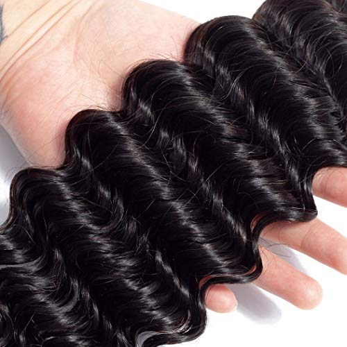10A Brazilian Deep Wave Human Hair 3 Bundles with Closure (22 24 26 with 20 Closure) Unprocessed Deep Wave Hair Weave Bundles with Lace Closure Middle Part Human Hair Bundles and Closure Natural Color