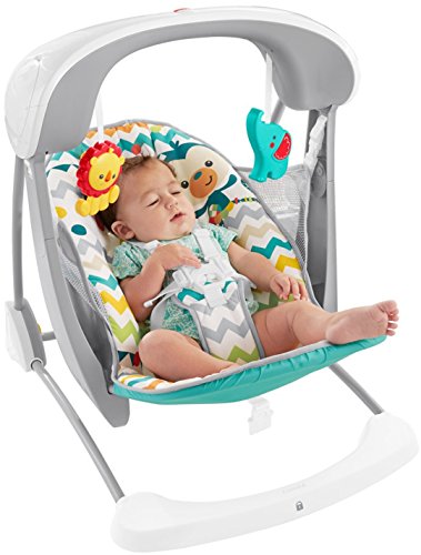 Fisher-Price Colourful Carnival Take-Along Swing and Seat, Blue/Gray Chevron, Portable Baby Swing and Stationary Infant Seat