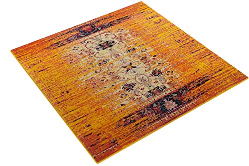 SAFAVIEH Monaco Collection MNC209H Modern Boho Abstract Distressed Non-Shedding Living Room Bedroom Dining Home Office Area Rug, 6'7" x 6'7" Square, Orange / Multi