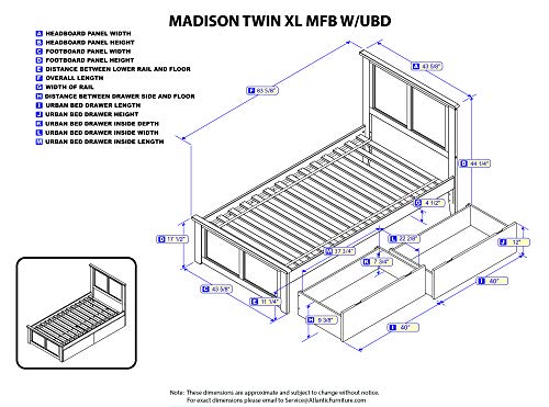 Atlantic Furniture Madison Platform Matching Foot Board and 2 Urban Bed Drawers, Twin XL, Walnut