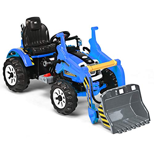 Costzon 12V Battery Powered Kids Ride On Excavator, Electric Truck with High/Low Speed, Moving Forward/Backward, Front Loader Digger (Blue)