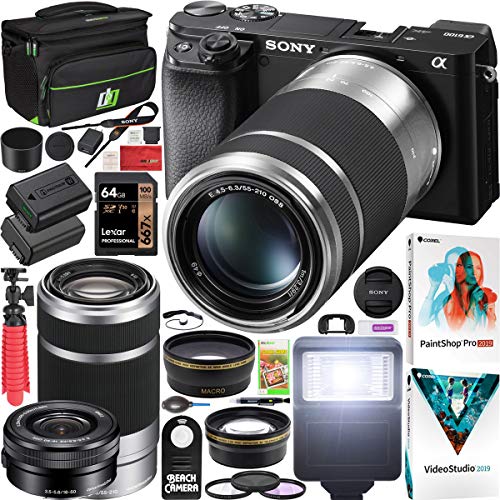 Sony a6100 Mirrorless Camera 4K APS-C ILCE-6100YB S 2 Lens Kit 16-50mm + 55-210mm Silver Bundle with Deco Gear Case + Extra Battery + Flash + Wide Angle & Telephoto Lens + Filter Set 64GB Accessories