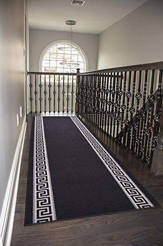 Custom Size Runner Rug Meander Design Roll Runner 26 Inch Wide x Your Length Size Choice Slip Skid Resistant Latex Back Cut to Size (Black, 24 ft x 26 in)