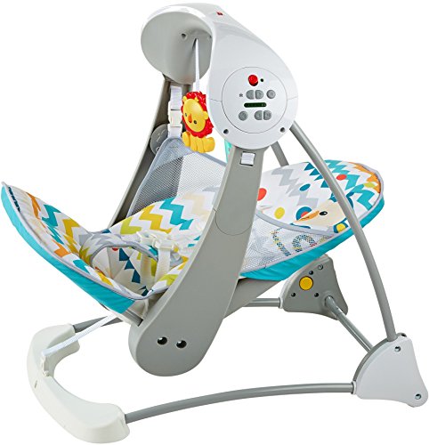 Fisher-Price Colourful Carnival Take-Along Swing and Seat, Blue/Gray Chevron, Portable Baby Swing and Stationary Infant Seat