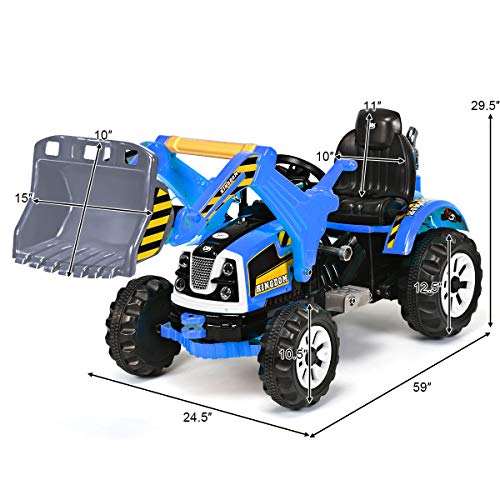 Costzon 12V Battery Powered Kids Ride On Excavator, Electric Truck with High/Low Speed, Moving Forward/Backward, Front Loader Digger (Blue)