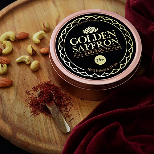 Golden Saffron, Finest Pure Premium All Red Saffron Threads, Grade A+ Super Negin, Non-GMO Verified. For Tea, Paella, Rice, Desserts, Golden Milk and Risotto (75 Grams)