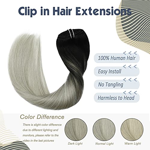 10A Grade Clip In Hair Extensions Human Hair Ombre Hair Natural Black Fading to Silver Gray Brazilian Hair 120g 7pcs Per Set Remy Hair Full Head Silky Straight Human Hair Clip In Extensions 22In