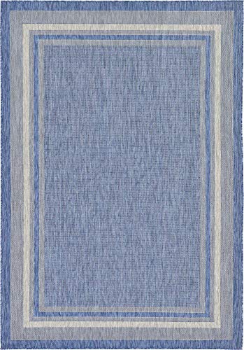 Unique Loom Outdoor Collection Transitional Indoor & Outdoor Casual Solid Tonal Border Area Rug, 7 x 10 ft, Blue/Beige