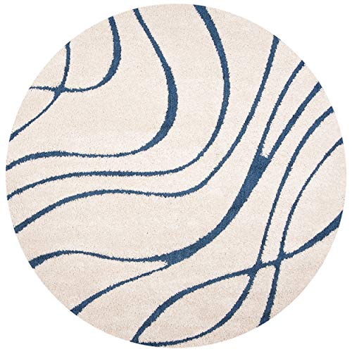 SAFAVIEH Florida Shag Collection SG471 Abstract Wave Non-Shedding Living Room Bedroom Dining Room Entryway Plush 1.2-inch Thick Area Rug, 6'7" x 6'7" Round, Cream / Blue