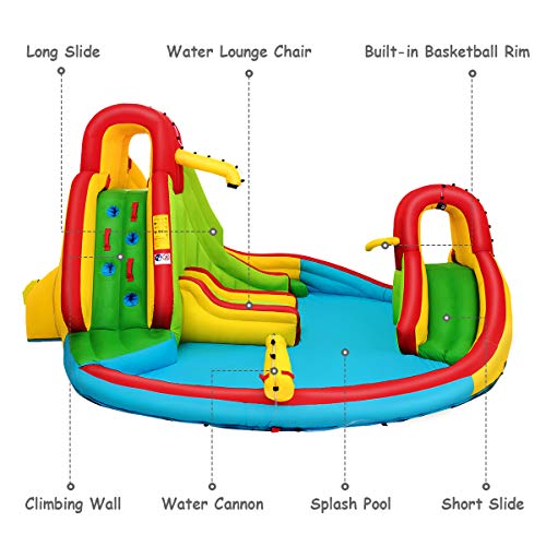 Costzon Inflatable Bounce House 7 in 1 Mighty Pool Slide Kids Bouncer with Climbing Wall, Basketball Rim, Splash Pool, Water Cannon