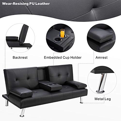 Walsunny Modern Faux Leather Couch, Convertible Futon Sofa Bed for Living Room with Armrest & Fold Up & Down Recliner Couch with Cup Holders(Black)