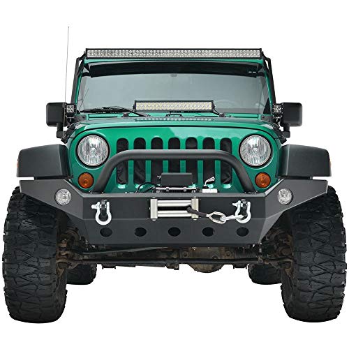 LEDKINGDOMUS Full Width Front Bumper Compatible for 07-18 Jeep Wrangler JK and JK Unlimited Rock Crawler With Fog Lights Hole, Winch Plate Black Textured