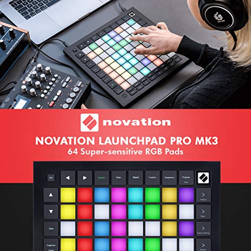 Novation Launchpad Pro MK3 MIDI Controller and Grid Instrument with Ableton Live and with Samson Stereo Headphones + Cable + Fibertique Cleaning Cloth