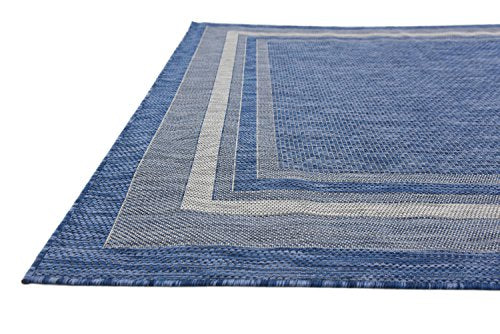 Unique Loom Outdoor Collection Transitional Indoor & Outdoor Casual Solid Tonal Border Area Rug, 7 x 10 ft, Blue/Beige