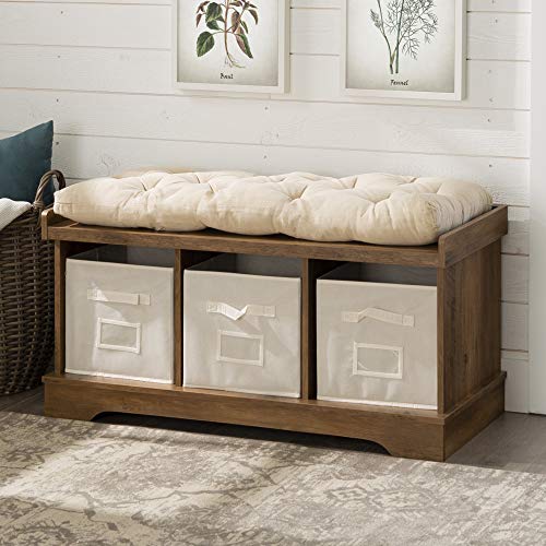 Walker Edison Furniture Company Modern Farmhouse Entryway Shoe Storage Bench Totes Upholstered Cushion Hallway Organizer, 42 Inch, Reclaimed Barnwood