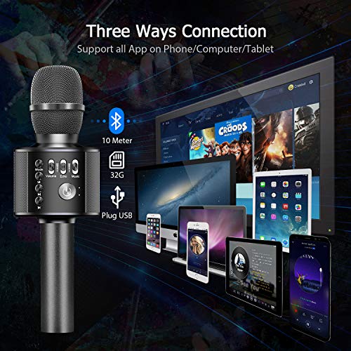 【2021 Upgrade】 Wireless Bluetooth Karaoke Microphone, 4 in 1 Portable Handheld Karaoke Mic Speaker Machine for Kids Adults, for Christmas Birthday Home Party (Black)