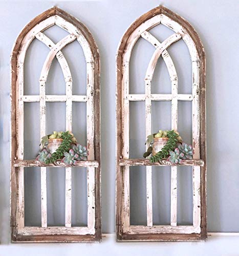 2 Cathedral arch window frames, shelf, 36 inch Farmhouse cottage decor, Cathedral window frame, chippy paint, Wall decor, Farmhouse wall, Window frame