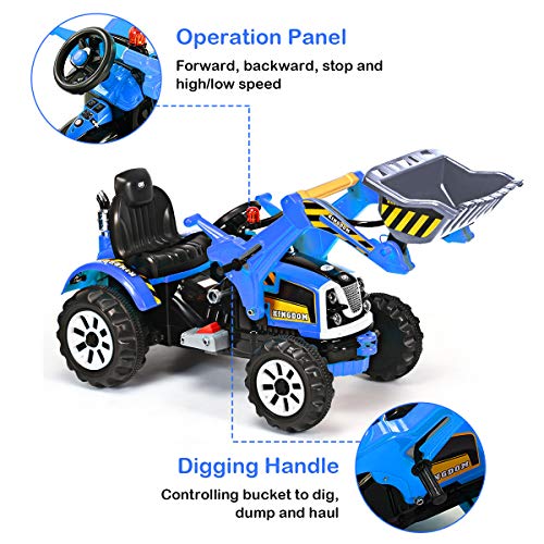 Costzon 12V Battery Powered Kids Ride On Excavator, Electric Truck with High/Low Speed, Moving Forward/Backward, Front Loader Digger (Blue)