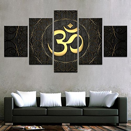 PEACOCK JEWELS [Large Premium Quality Canvas Printed Wall Art Poster 5 Pieces / 5 Pannel Wall Decor Gold OM Painting, Home Decor Pictures - Stretched