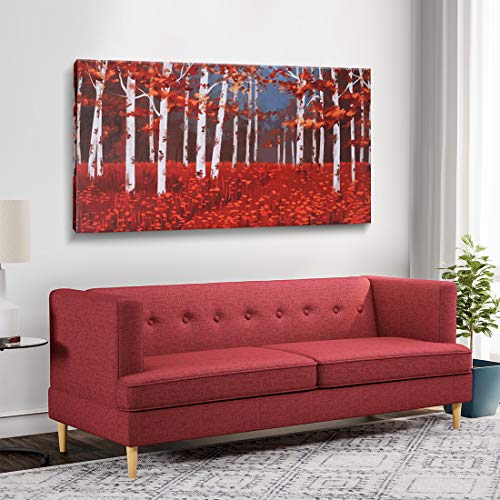 Large Wall Art Red Tree Forest Landscape Picture Modern Birch Trees Canvas Prints Nature Painting Artwork Gallery and Framed for Home Living Room Bedroom Office Decor Huge Size 60x30inch