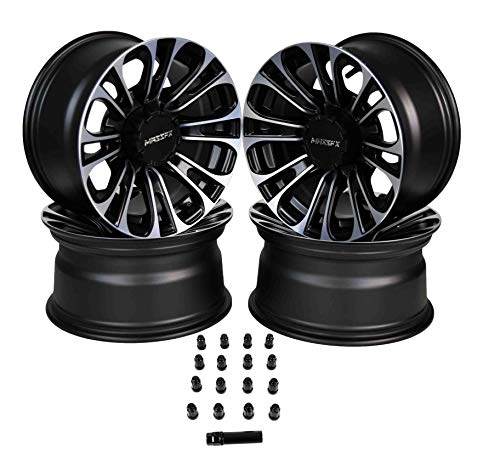 14 inch MASSFX QUAKE 14x7 4/156 4+3 ATV UTV Rims Machined Black Finish fits Polaris RZR - 4 Pack Wheels with Lug Nuts
