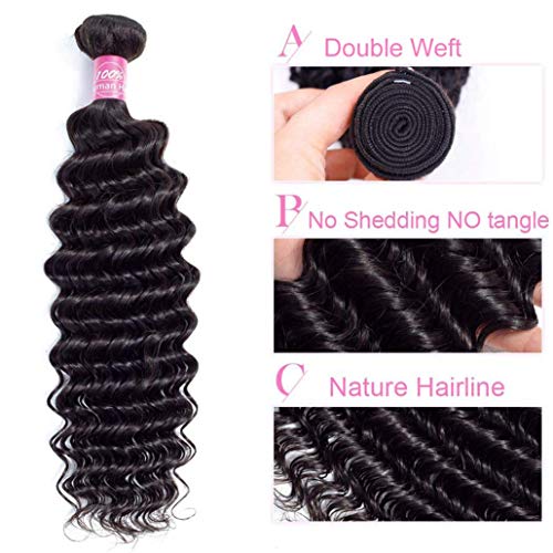 10A Brazilian Deep Wave Human Hair 3 Bundles with Closure (22 24 26 with 20 Closure) Unprocessed Deep Wave Hair Weave Bundles with Lace Closure Middle Part Human Hair Bundles and Closure Natural Color